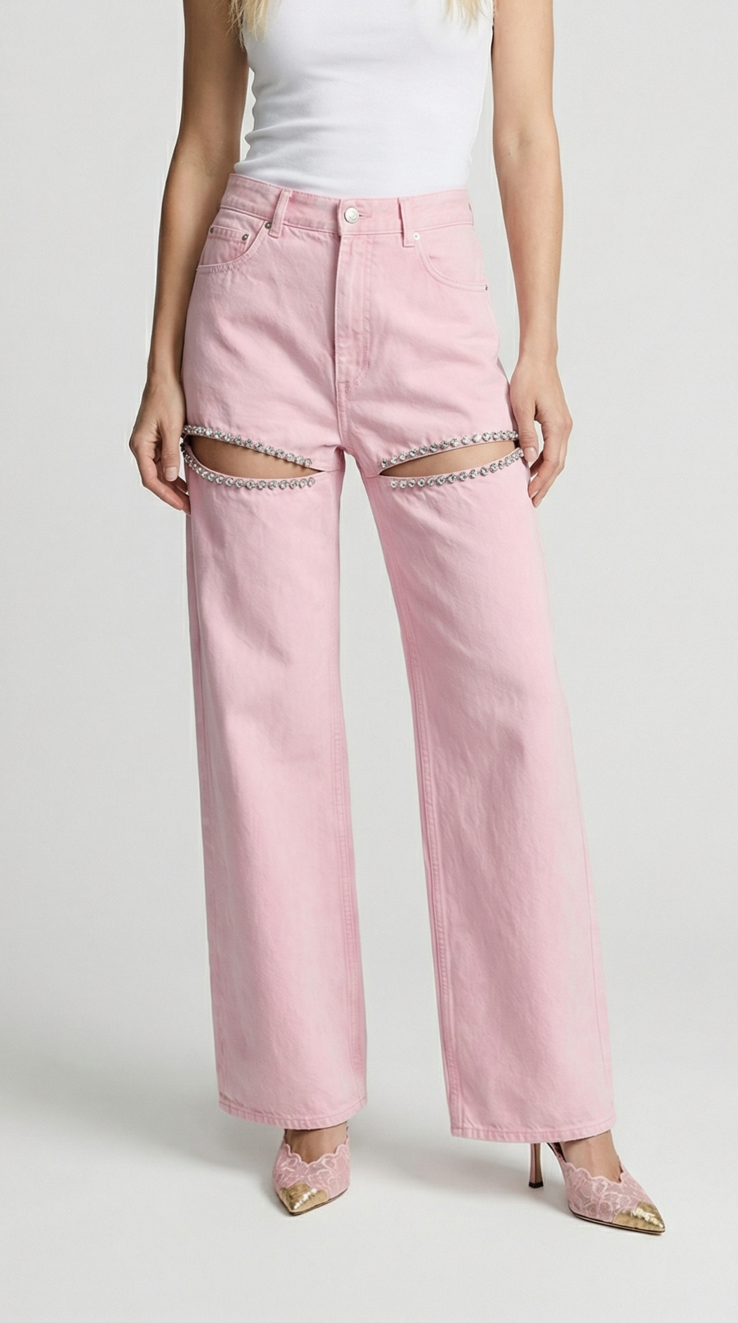Suri - Spliced Diamond Wide-Leg Cotton Denim Jeans