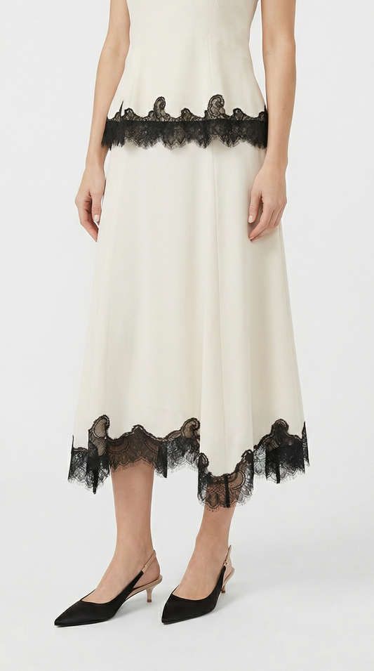 Sani - Gonna midi in seta 100% con ricamo in pizzo
