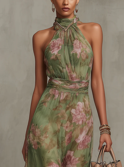 Serena | Abito lungo verde a fiori in chiffon con scollo halter