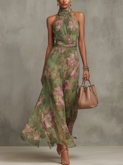 Serena | Abito lungo verde a fiori in chiffon con scollo halter