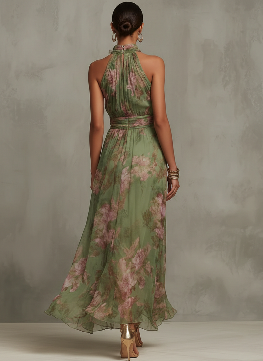 Serena | Abito lungo verde a fiori in chiffon con scollo halter