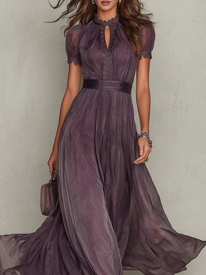 Flavia - Abito lungo viola con scollo a goccia e bordo in pizzo di chiffon