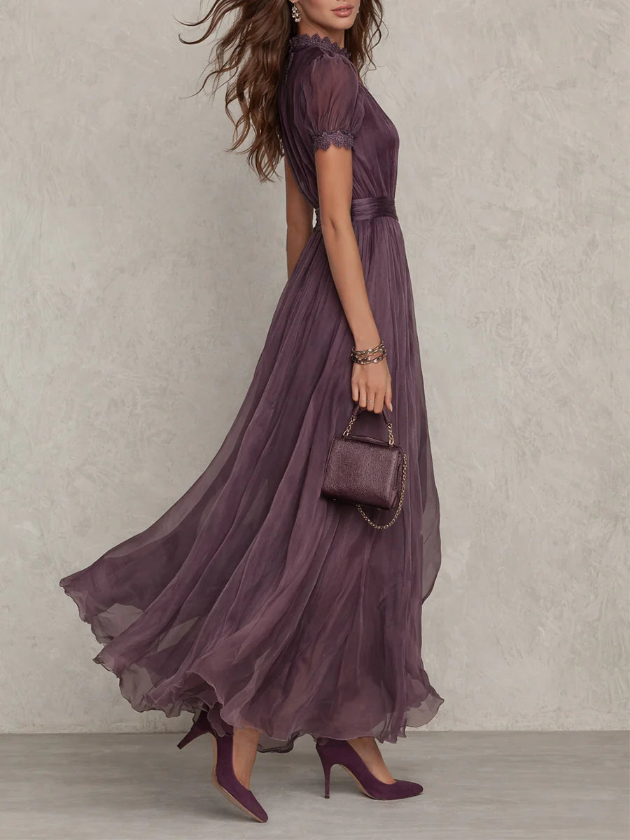 Flavia - Abito lungo viola con scollo a goccia e bordo in pizzo di chiffon