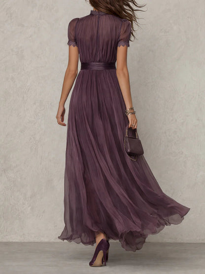 Flavia - Abito lungo viola con scollo a goccia e bordo in pizzo di chiffon