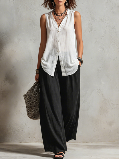 Minimalist Layered Vest Cardigan And Wide-leg Pants Three-piece Set