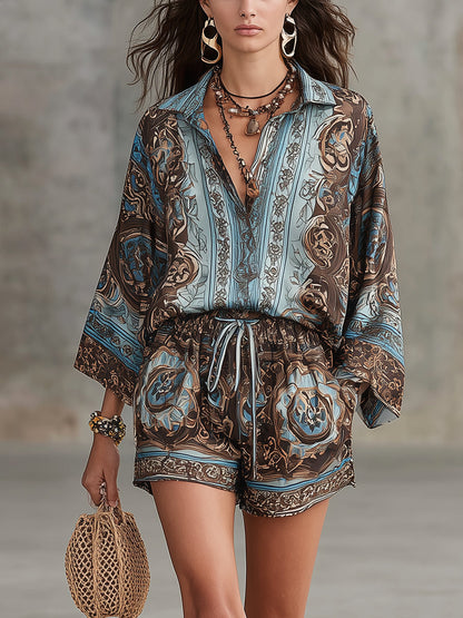 Vacation Baroque Totem Print Shirt and Shorts Set