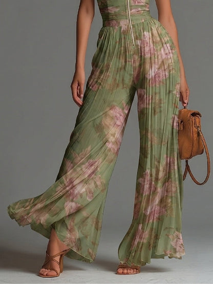 Salopette in Chiffon Verde Floreale con Scollo a V, Senza Maniche, con Zip e Pieghe, a Gamba Larga
