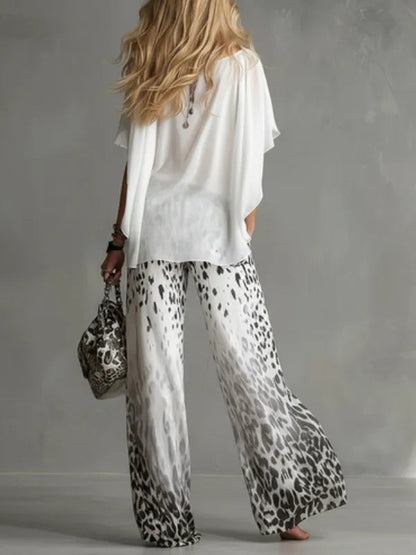 Flowy White T-shirt And Leopard Print Chiffon Pants Set