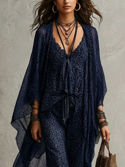 Navy Blue Bohemian Leopard Print Flowy Robe Three-Piece Set