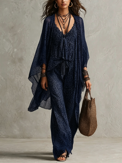 Navy Blue Bohemian Leopard Print Flowy Robe Three-Piece Set