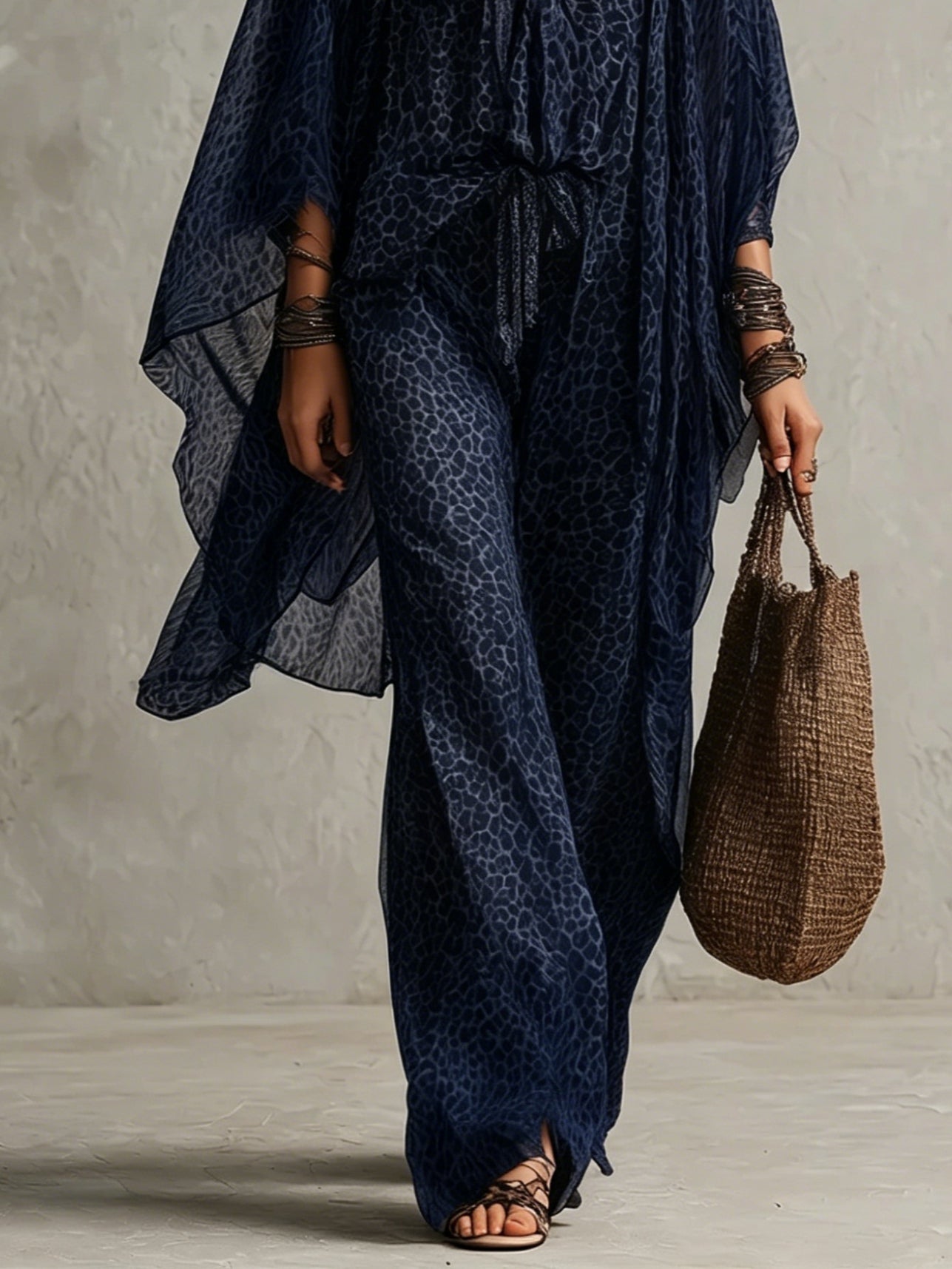 Navy Blue Bohemian Leopard Print Flowy Robe Three-Piece Set