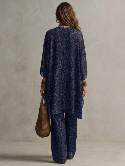 Navy Blue Bohemian Leopard Print Flowy Robe Three-Piece Set