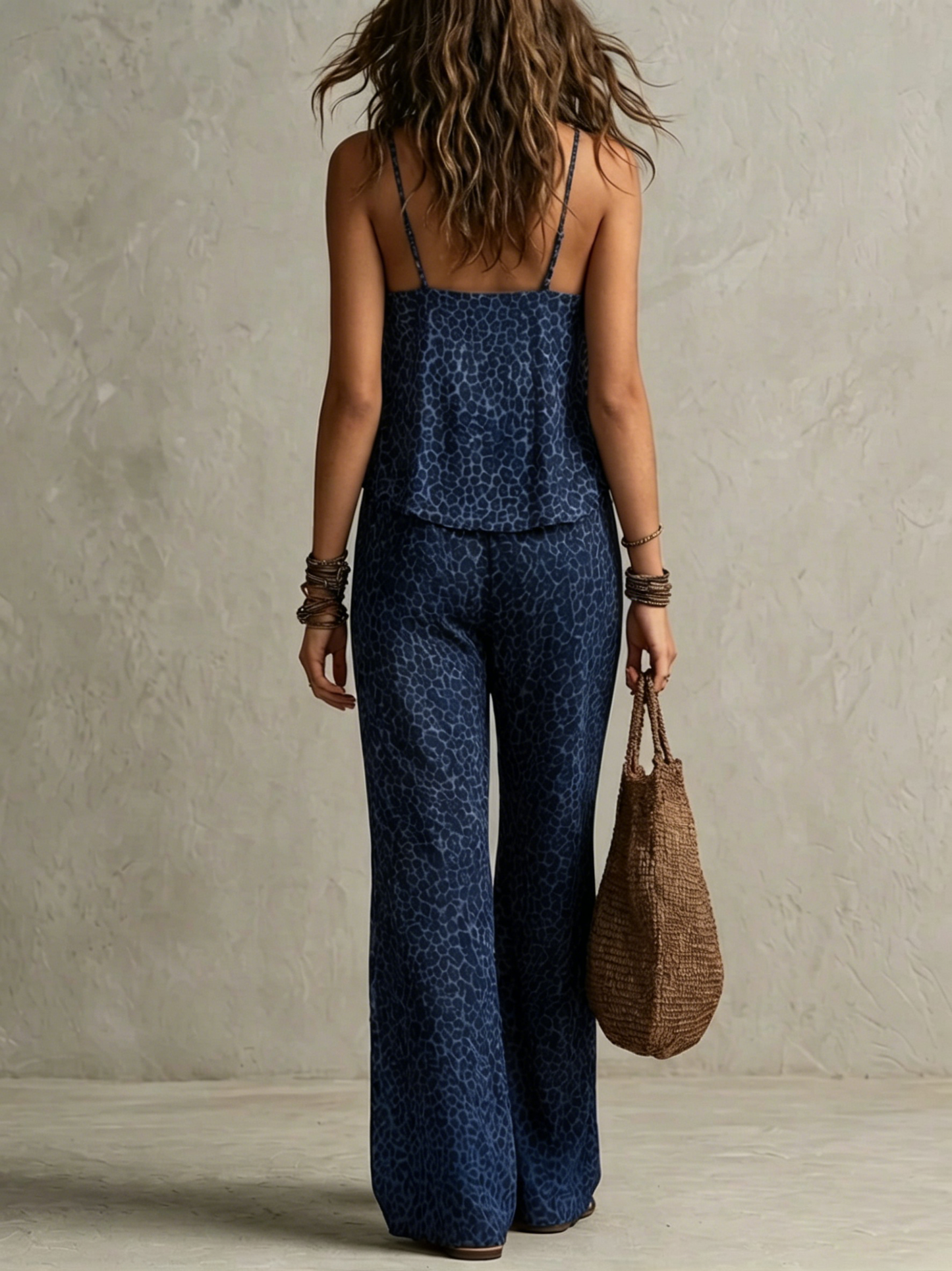 Navy Blue Bohemian Leopard Print Flowy Robe Three-Piece Set