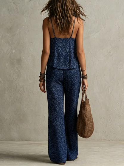 Navy Blue Bohemian Leopard Print Flowy Robe Three-Piece Set
