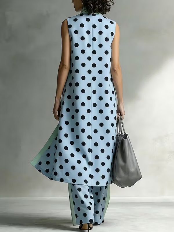 Sky Blue Dleeveless Polka Dot Long Shirt And Wide-leg Pants Suit