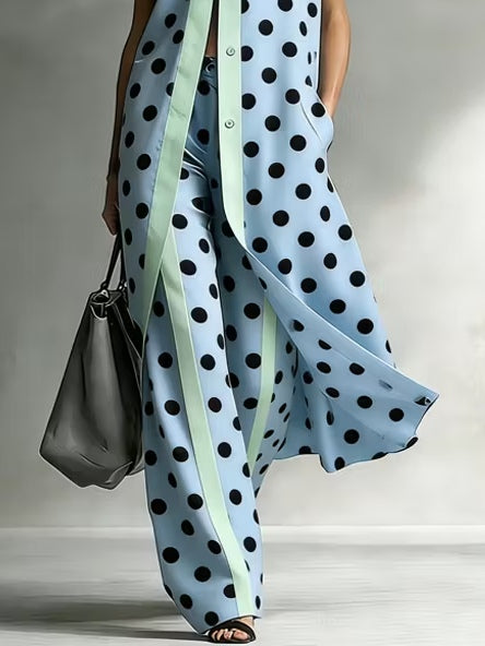 Sky Blue Dleeveless Polka Dot Long Shirt And Wide-leg Pants Suit