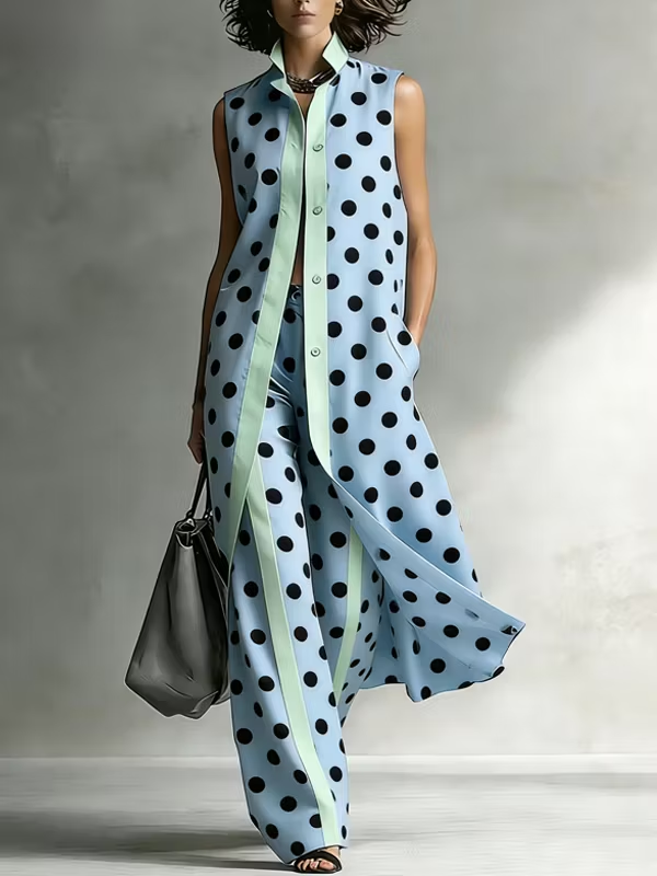 Sky Blue Dleeveless Polka Dot Long Shirt And Wide-leg Pants Suit
