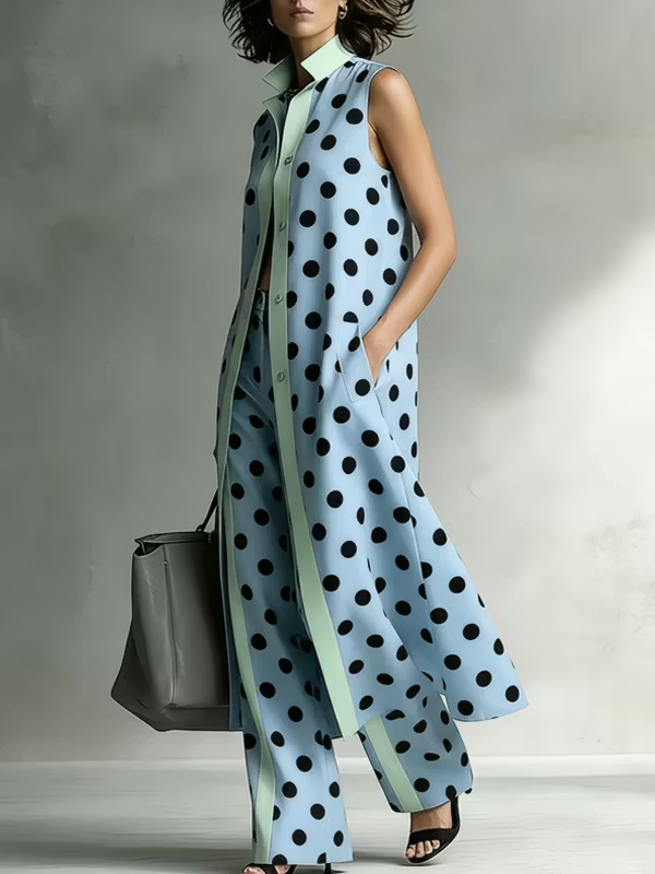 Sky Blue Dleeveless Polka Dot Long Shirt And Wide-leg Pants Suit