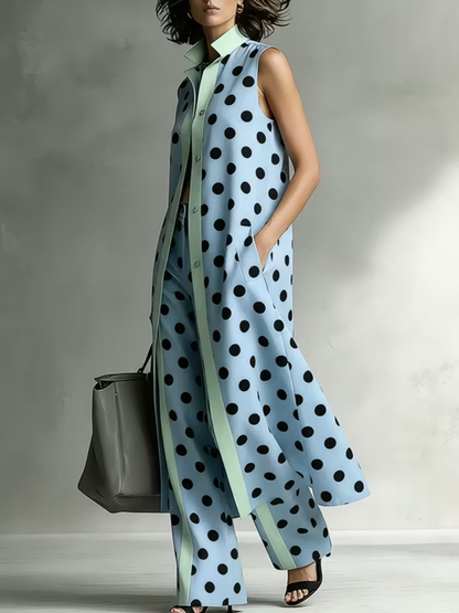 Sky Blue Dleeveless Polka Dot Long Shirt And Wide-leg Pants Suit