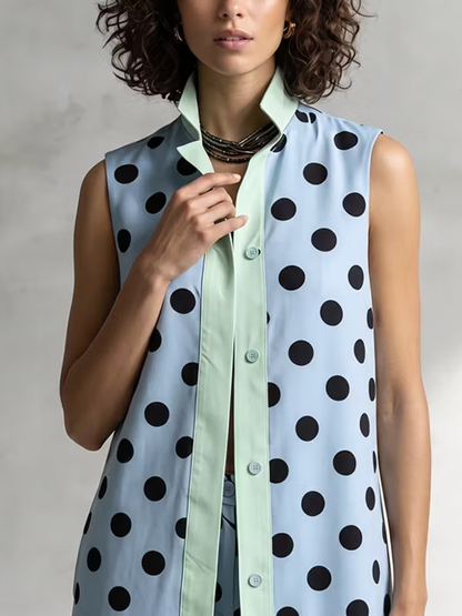 Sky Blue Dleeveless Polka Dot Long Shirt And Wide-leg Pants Suit