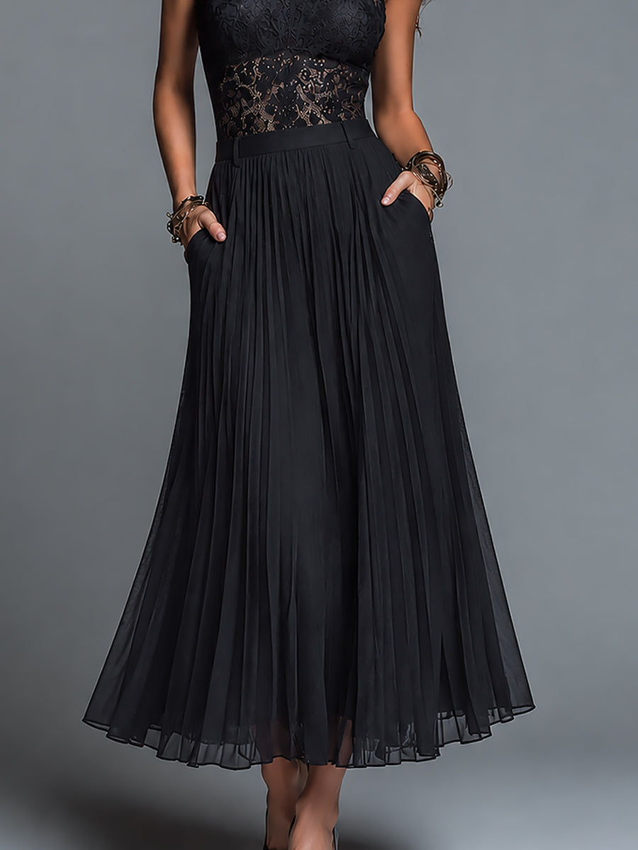 Black Sleeveless Halter-neck Lace Top And Pleated Skirt Set