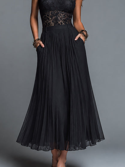 Black Sleeveless Halter-neck Lace Top And Pleated Skirt Set