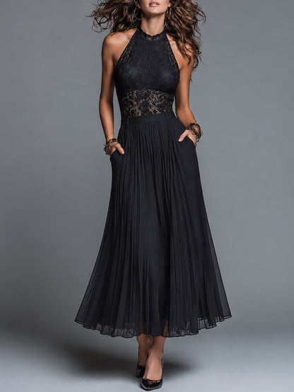 Black Sleeveless Halter-neck Lace Top And Pleated Skirt Set