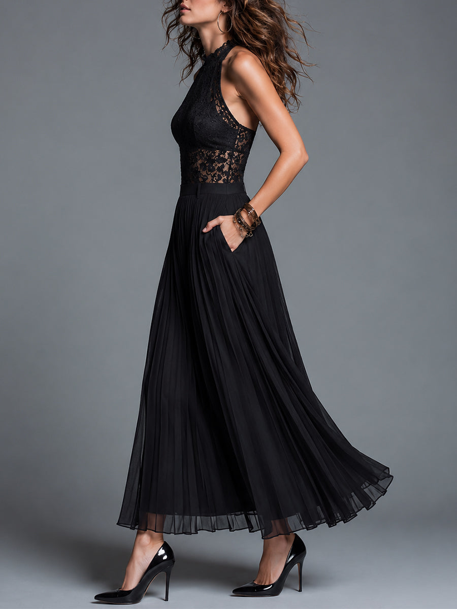 Black Sleeveless Halter-neck Lace Top And Pleated Skirt Set