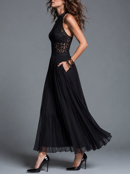 Black Sleeveless Halter-neck Lace Top And Pleated Skirt Set