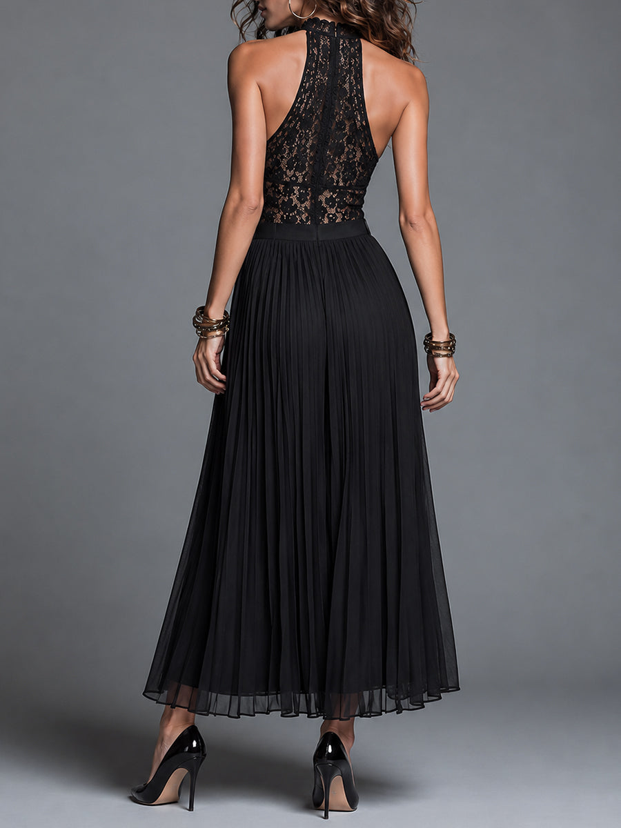 Black Sleeveless Halter-neck Lace Top And Pleated Skirt Set