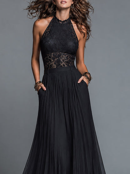 Black Sleeveless Halter-neck Lace Top And Pleated Skirt Set