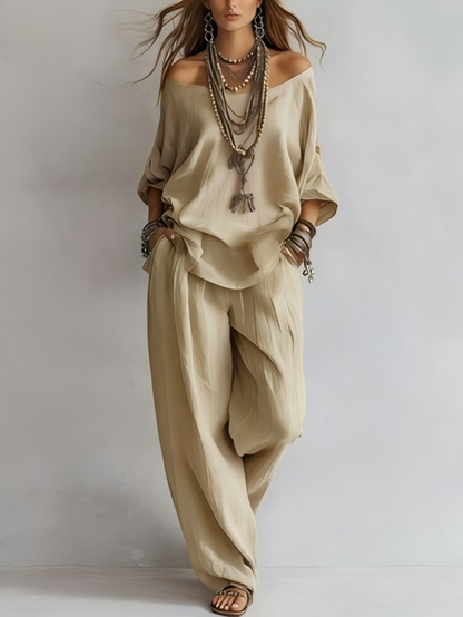 Casual Off-shoulder Top And Wide-leg Pants Set