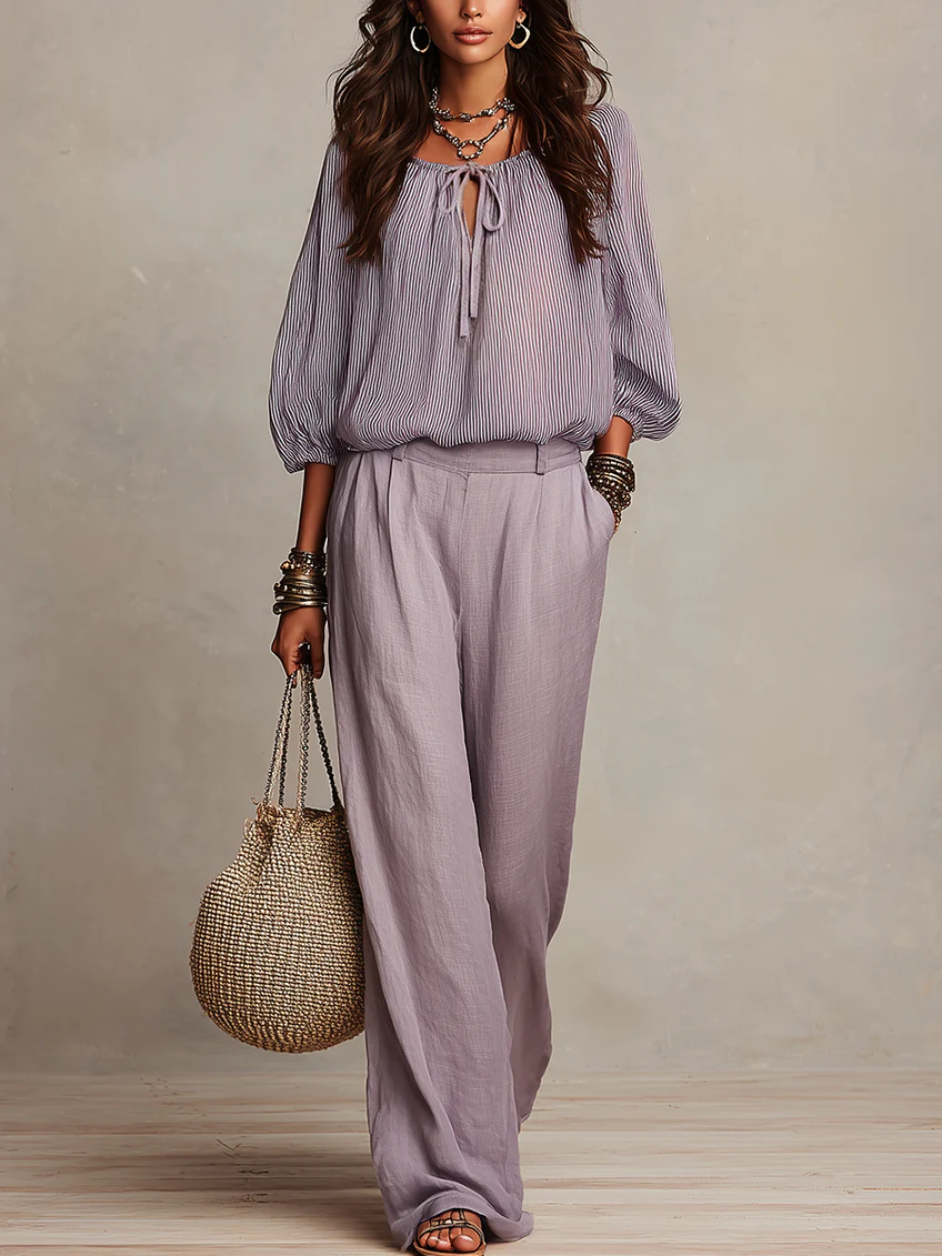 Completo Camicia con Laccio Frontale e Pantaloni a Gamba Larga Lilla