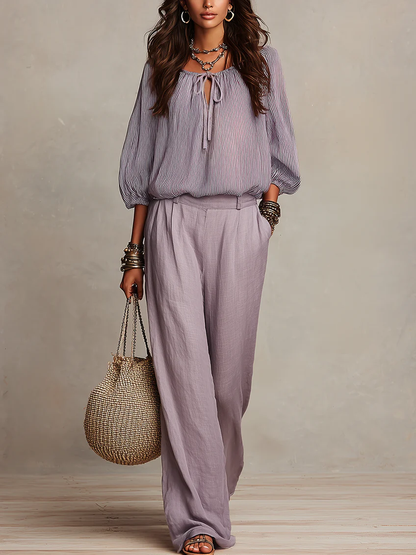 Completo Camicia con Laccio Frontale e Pantaloni a Gamba Larga Lilla