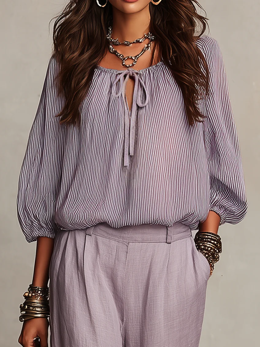 Completo Camicia con Laccio Frontale e Pantaloni a Gamba Larga Lilla