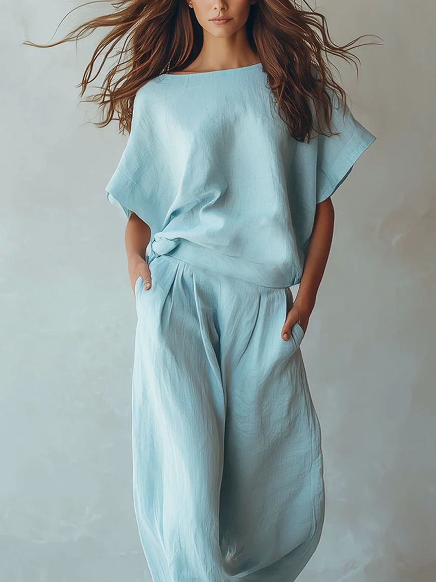 Completo Top Batwing Azzurro Chiaro e Pantaloni a Gamba Larga