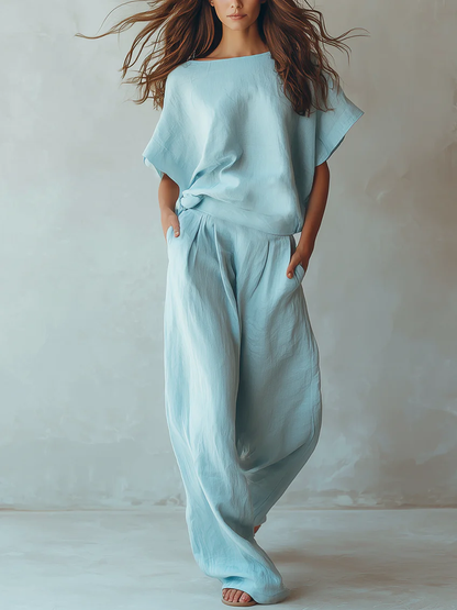Completo Top Batwing Azzurro Chiaro e Pantaloni a Gamba Larga