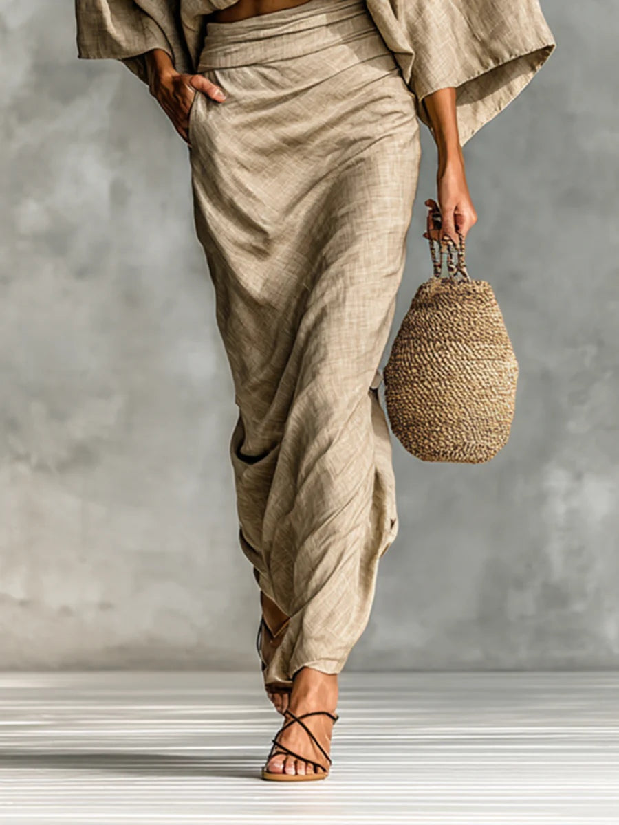 Cotton And Linen Blend Bat Sleeve Long Skirt Two-piece Set