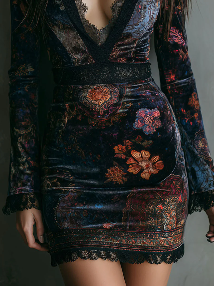 Elvira | Abito mini in velluto floreale con pizzo