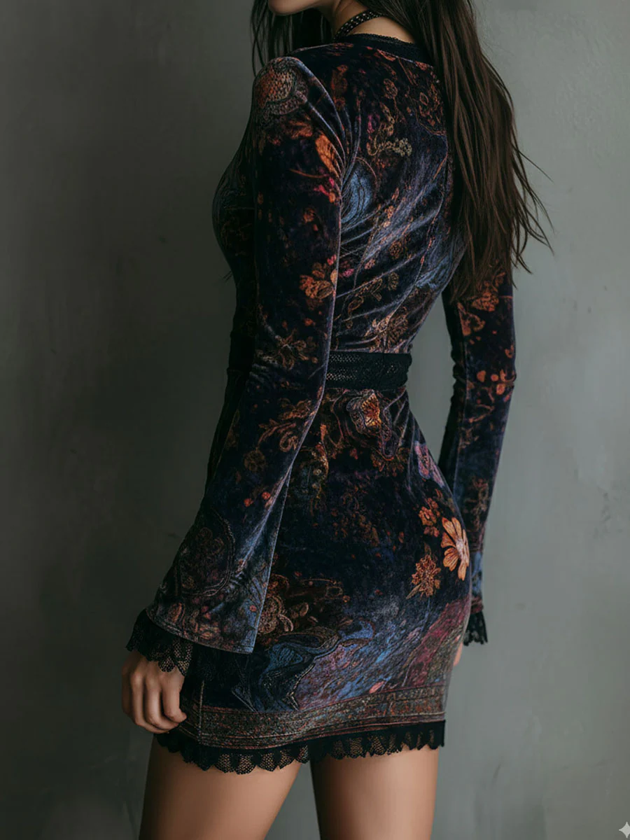 Elvira | Abito mini in velluto floreale con pizzo