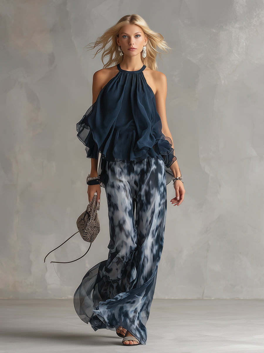 Serena | Completo elegante in chiffon con top a collo alto e pantalone a fantasia a gamba larga