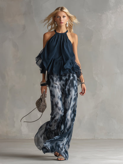 Serena | Completo elegante in chiffon con top a collo alto e pantalone a fantasia a gamba larga