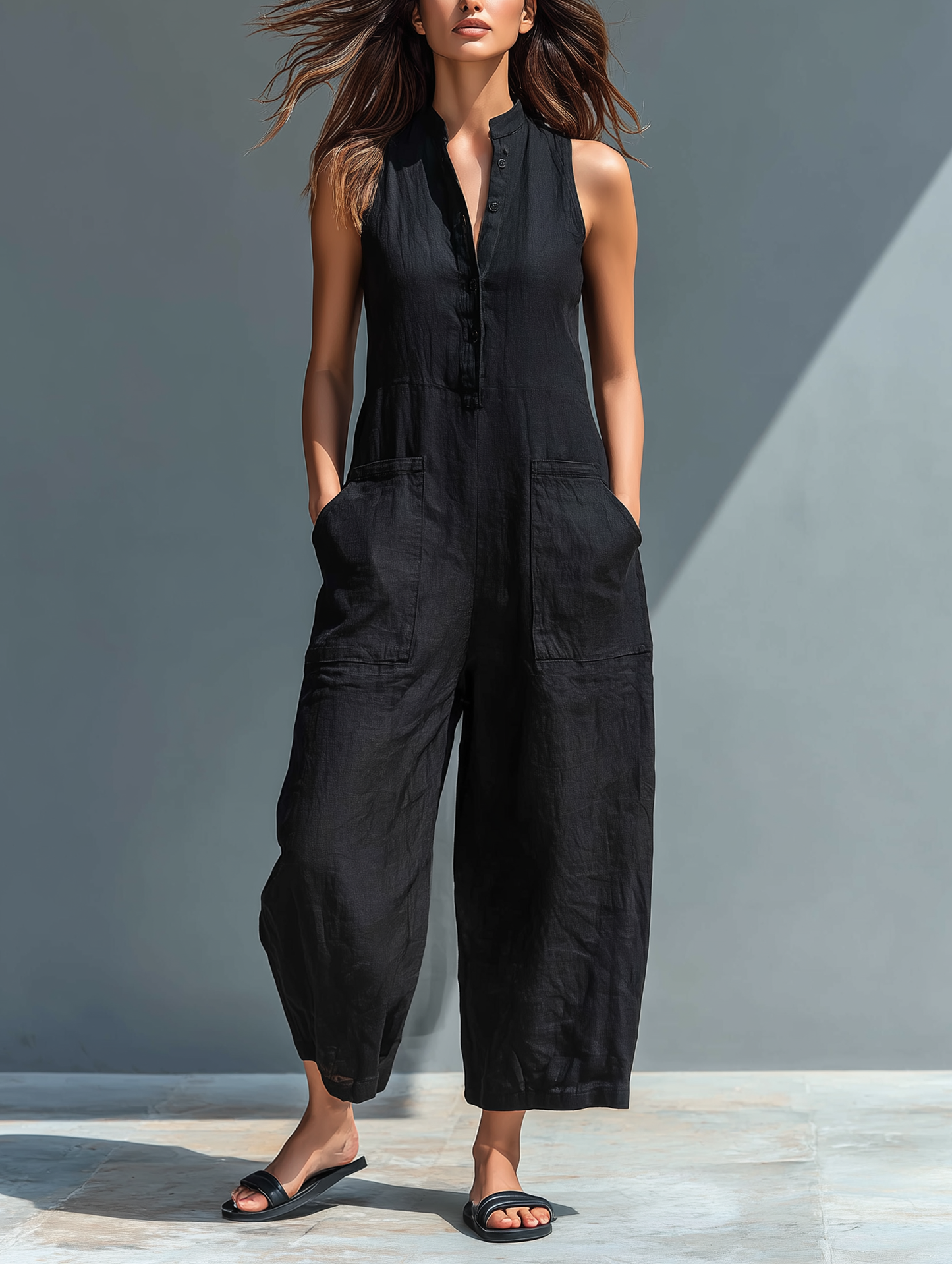 Salopette sans manches en lin mélangé minimaliste pour femme avec col montant et boutons