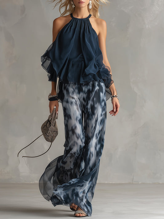 Serena | Completo elegante in chiffon con top a collo alto e pantalone a fantasia a gamba larga