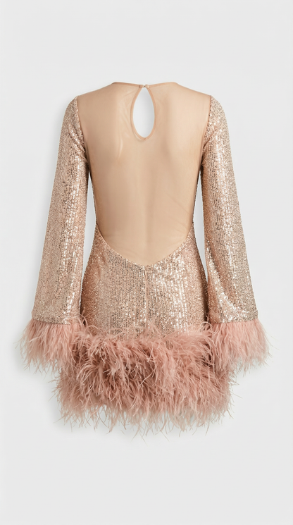 Caspyano - Short Dress with Large Open Back and Feather Accents
