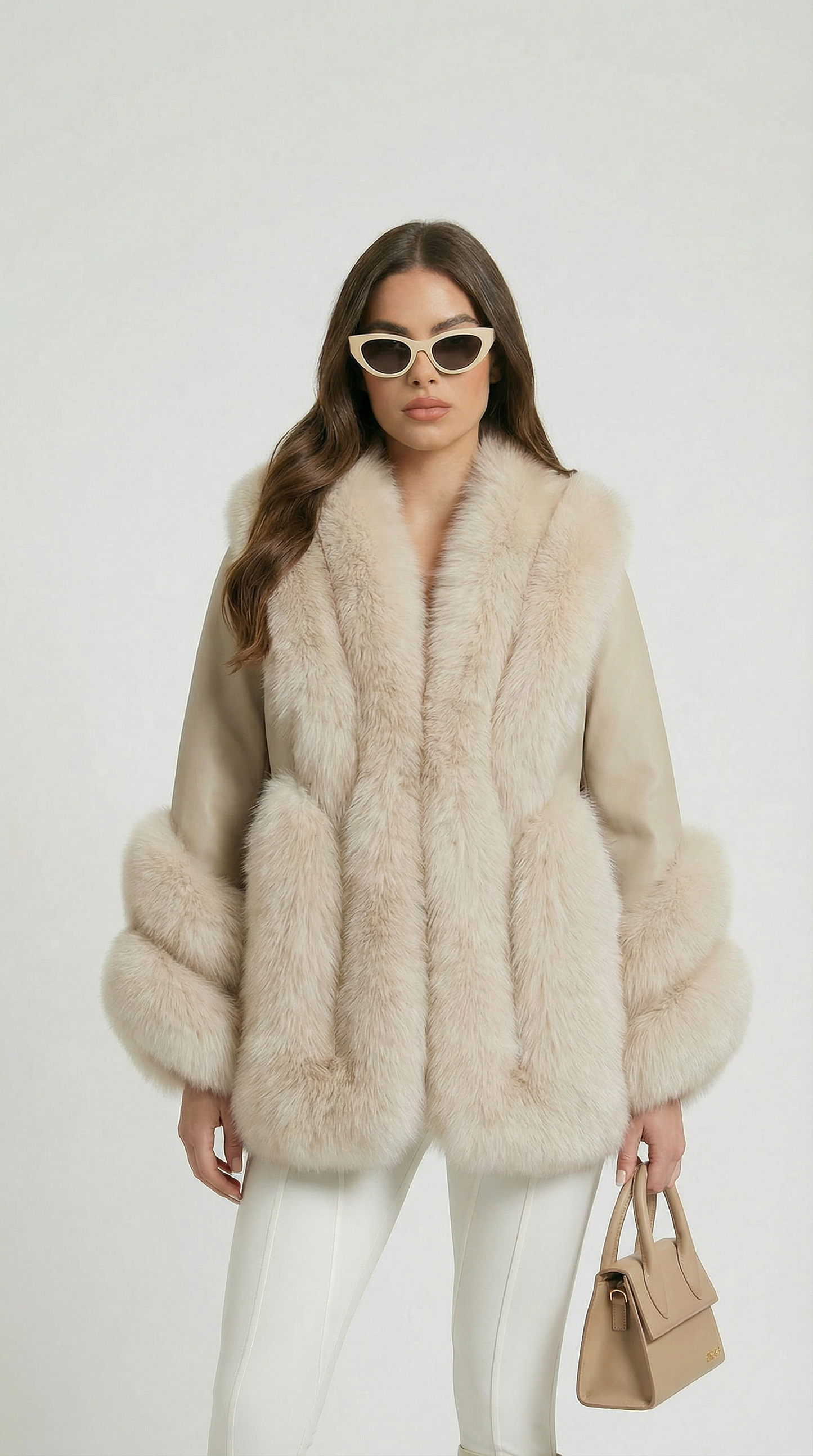 Esker – Fox Fur and Genuine Leather Classic Coat Ivory