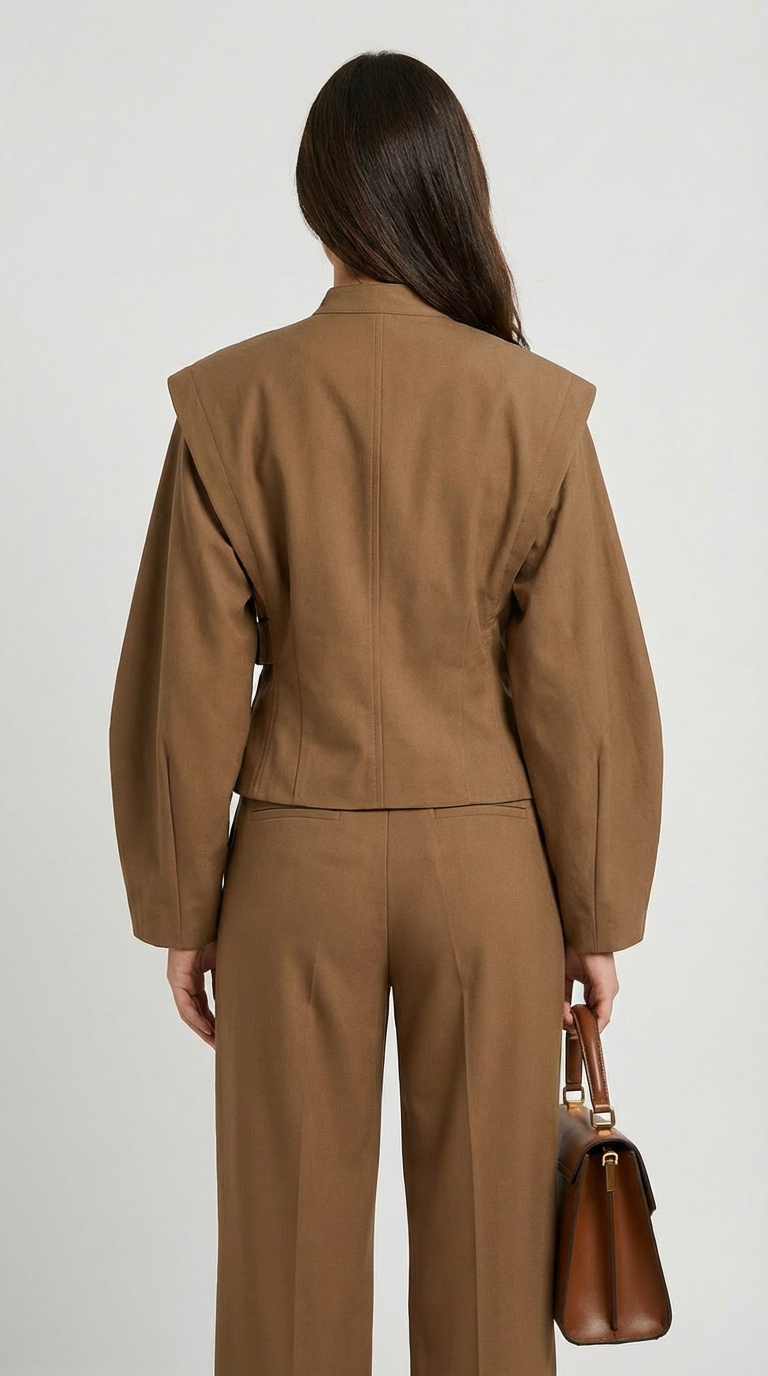 Maravel - Sculpted Wrap Jacket with Stand Collar and Asymmetric Wrap Brown