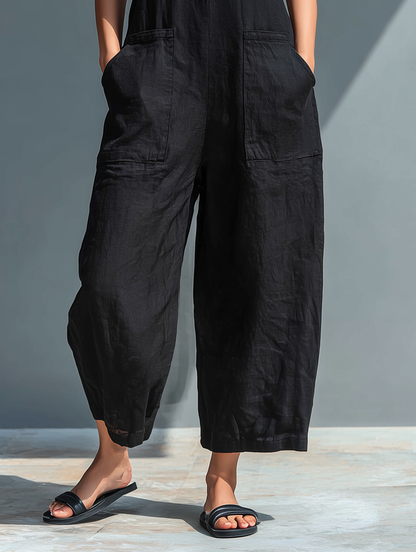 Salopette sans manches en lin mélangé minimaliste pour femme avec col montant et boutons