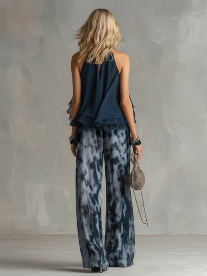 Serena | Completo elegante in chiffon con top a collo alto e pantalone a fantasia a gamba larga