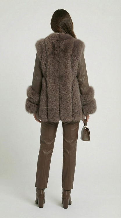 Esker – Fox Fur and Genuine Leather Classic Coat Brown